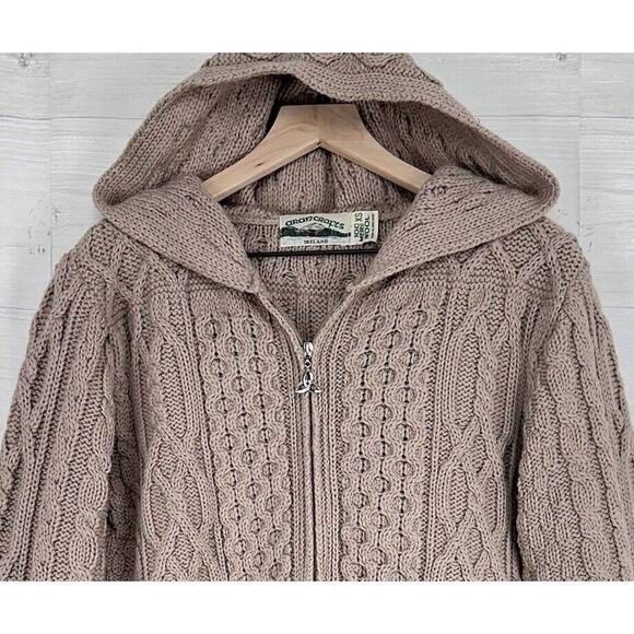 Aran Crafts Women XS Irish Wool Zip-Front Hooded Sweater Cardigan Tan Fisherman - Picture 3 of 13